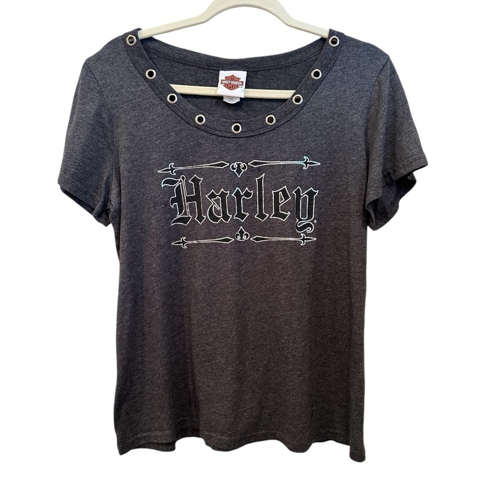 Harley-Davidson Logo Scoop Neck Grommet Short Sleeve T-Shirt Biker Grunge Sz 2X